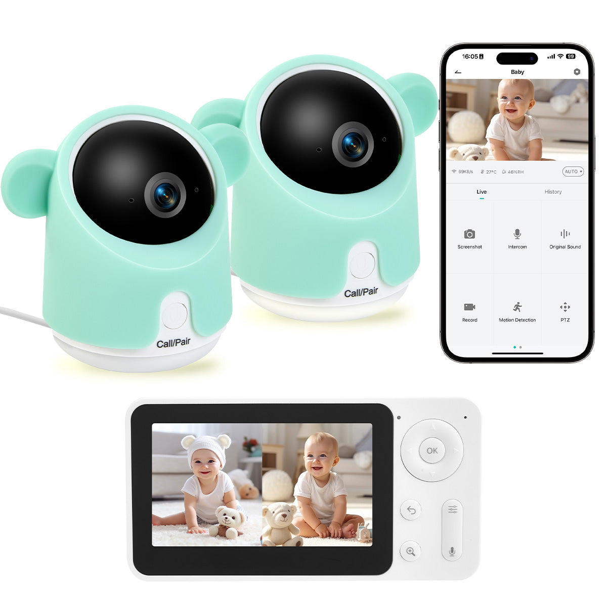 Baby Monitor with 2 Cameras Split Screen WiFi Smartphone App Control